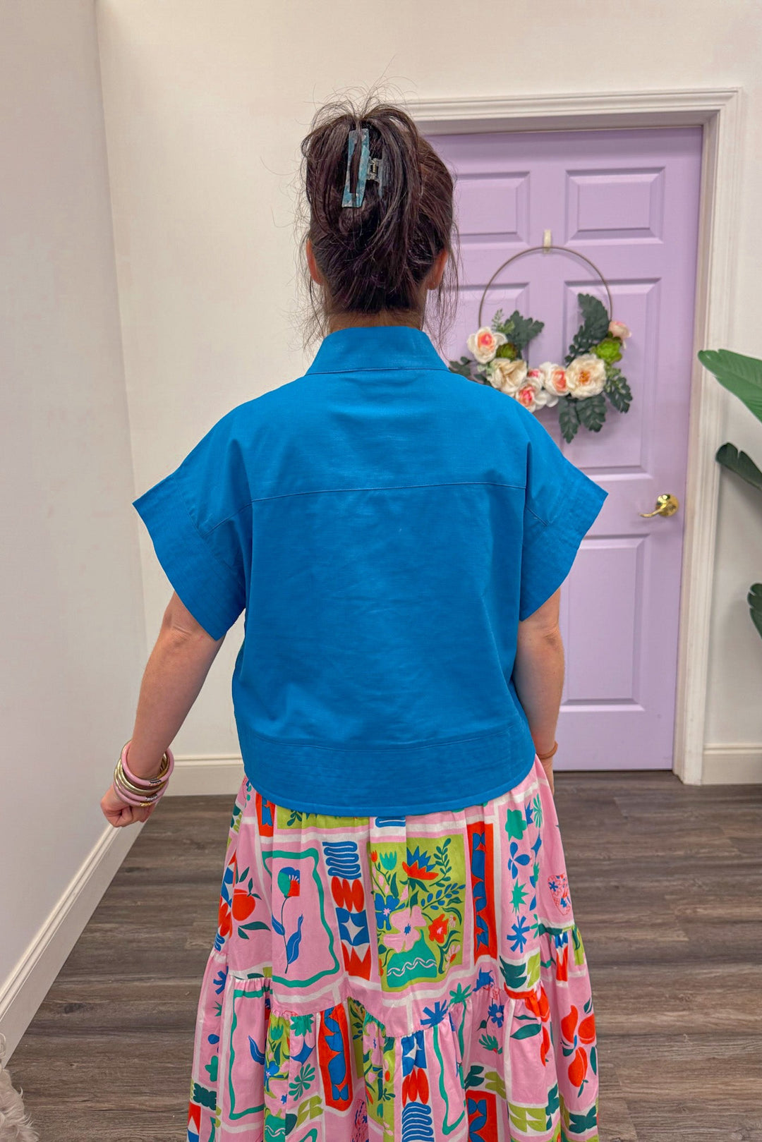 entro ocean blue cotton linen dressy top back