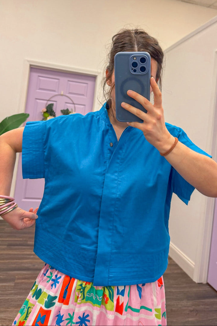 ocean blue cotton linen dressy top