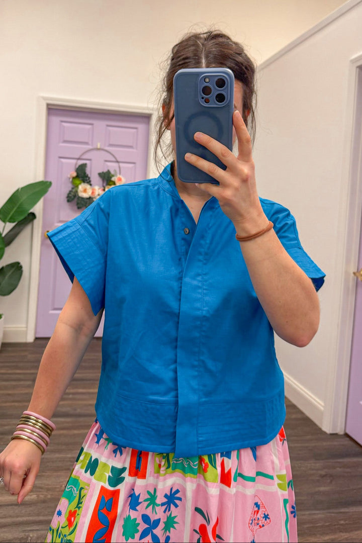 entro ocean blue cotton linen dressy top