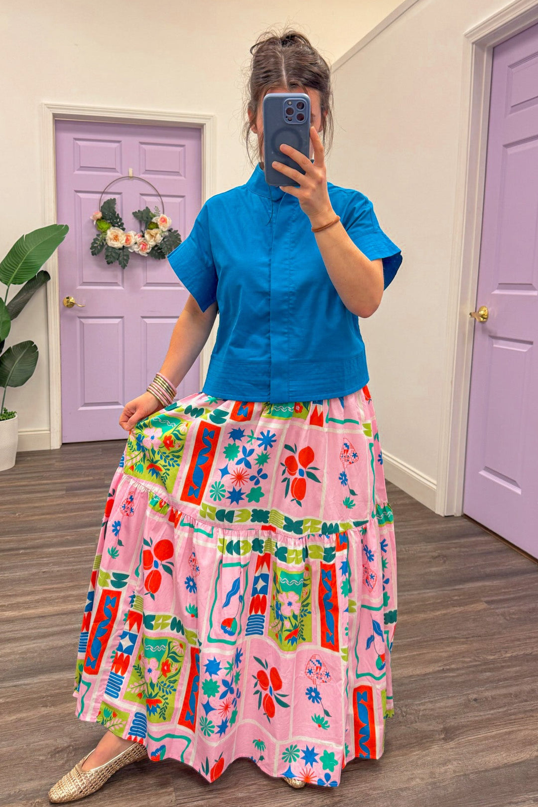 karlie tropical pink artist floral frame smocked waist maxi skirt