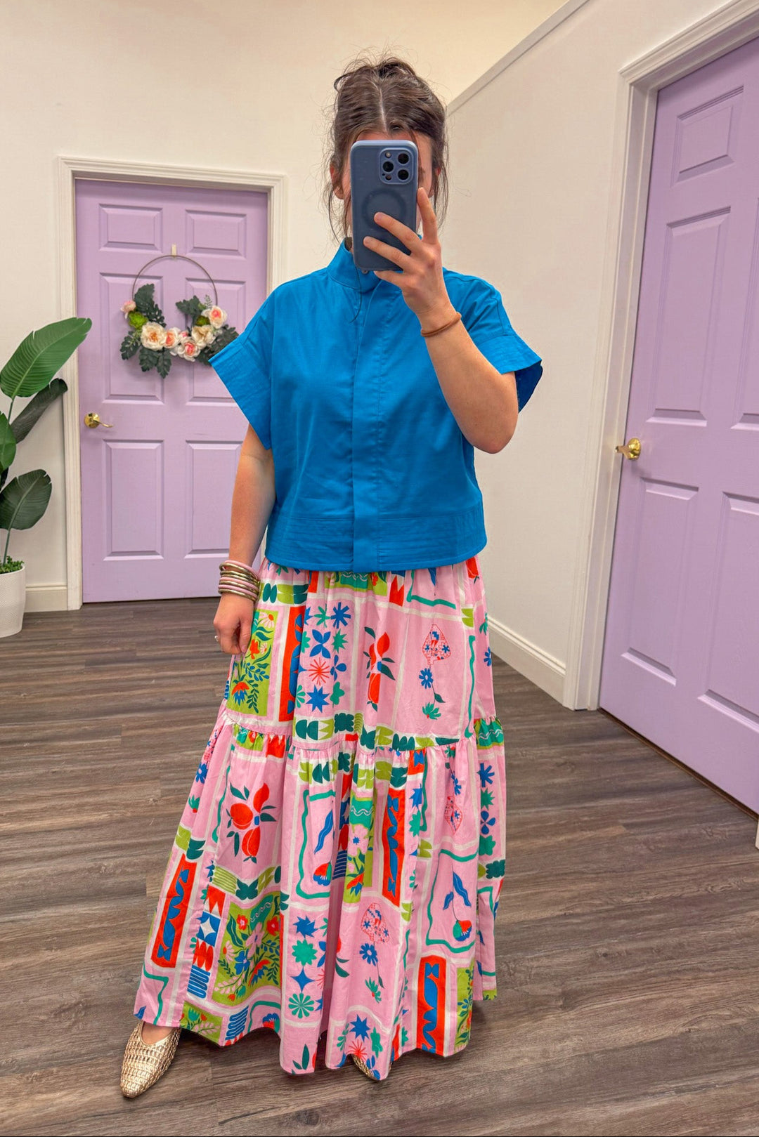 entro ocean blue cotton linen dressy button top