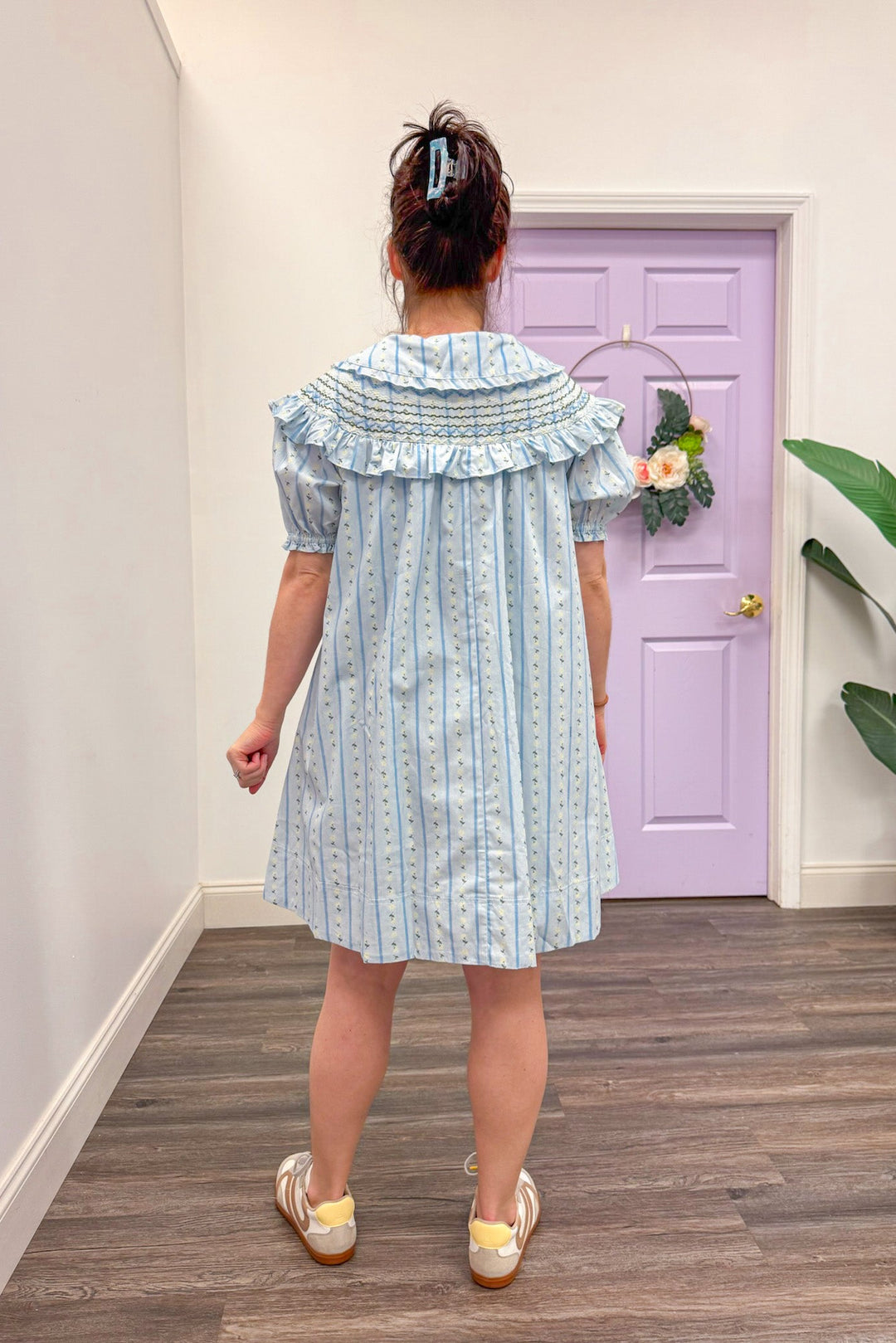 karlie clothing cotton blue floral stripe peter pan short dress back