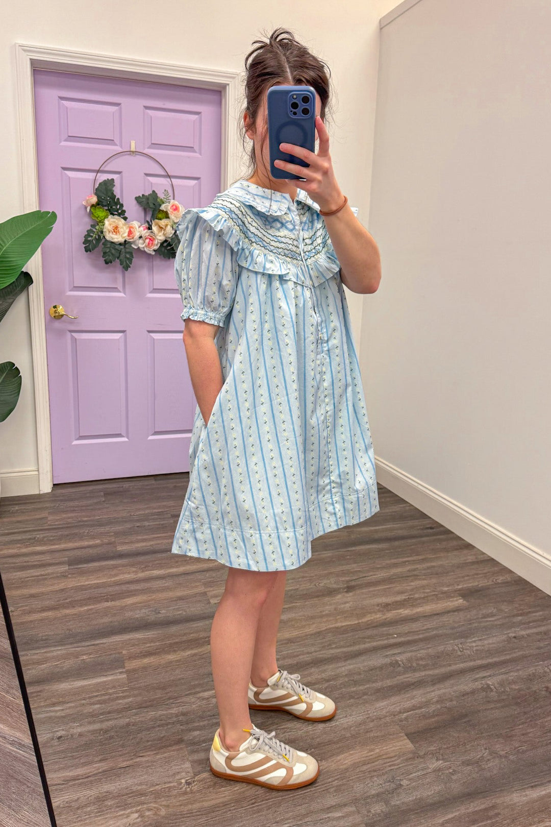 karlie clothing cotton blue floral stripe peter pan short dress pockets