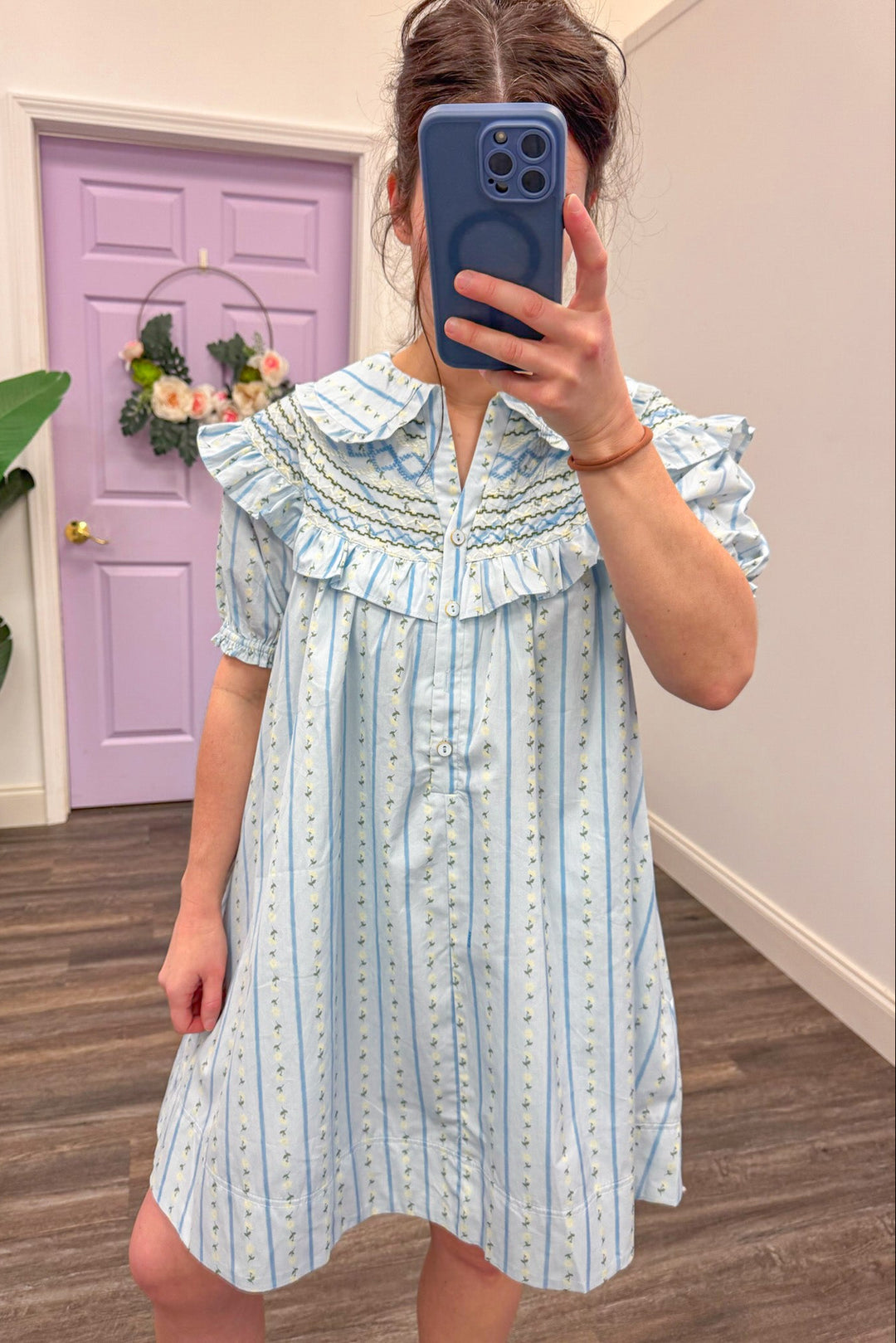 karlie clothing cotton blue floral stripe peter pan short dress