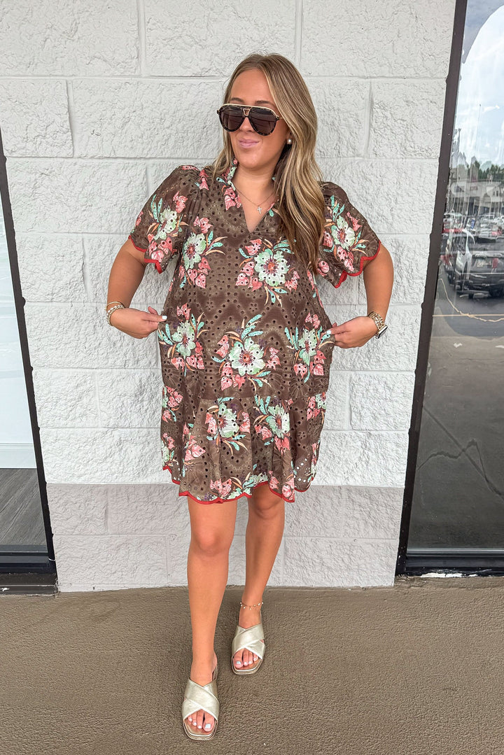 brown eyelet detail dress with fall floral print and rust scallop trim