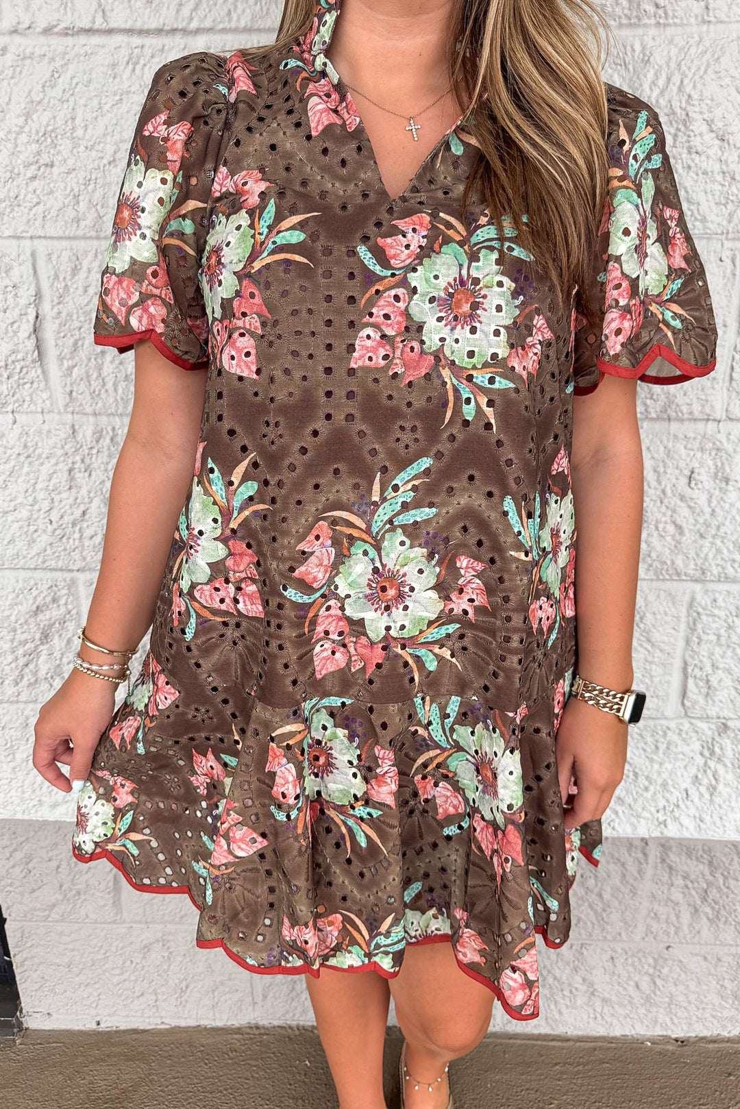 brown eyelet dress with fall floral print and rust scallop trim