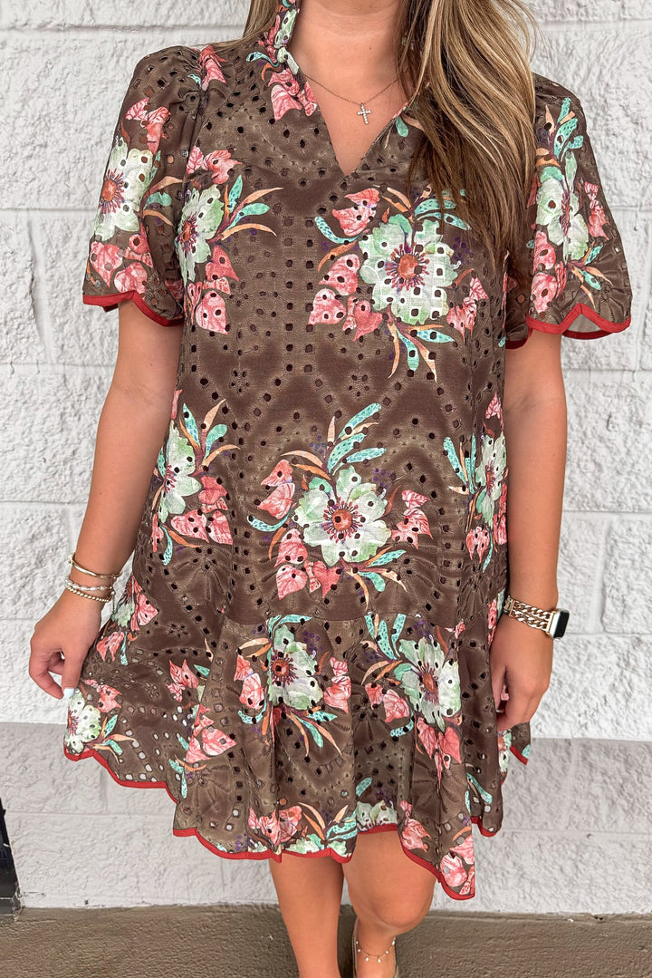 brown eyelet dress with fall floral print and rust scallop trim