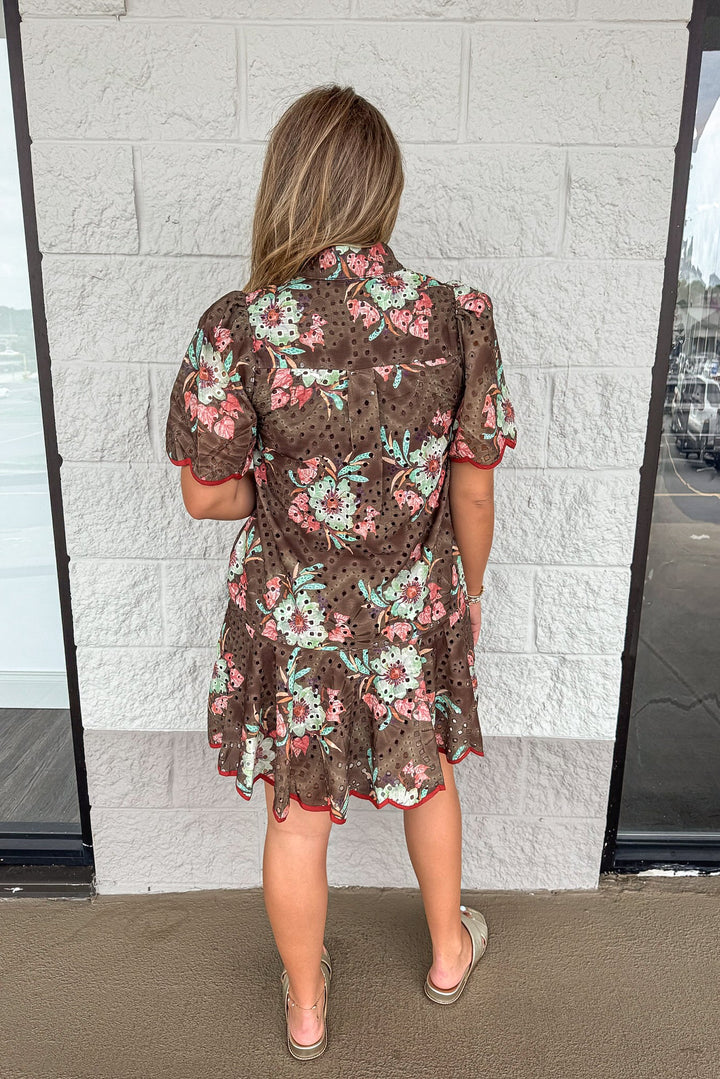 brown eyelet detail dress with fall floral print and rust scallop trim back