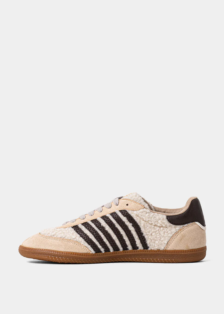 shu shop shearling chocolate brown beige stripe sneakers right