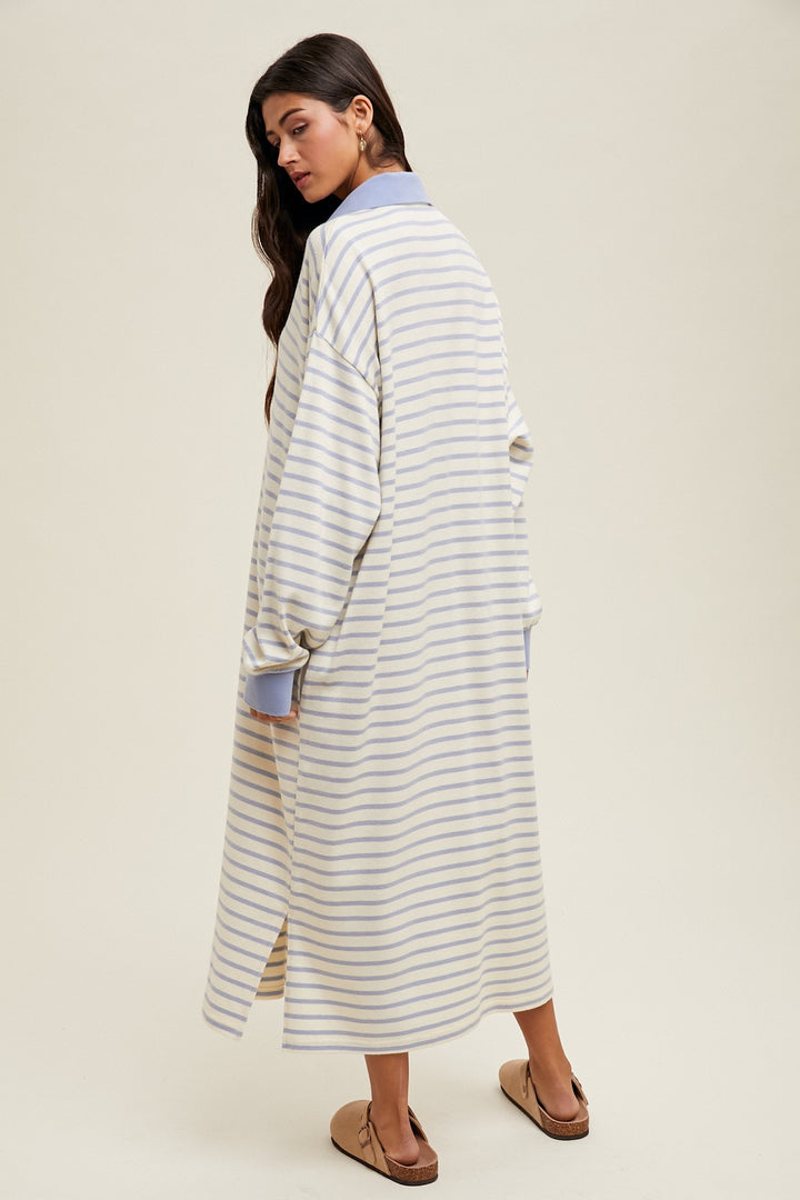 Women's sky blue and cream striped knit shirt style midi dress with collar by Entro showing back view
