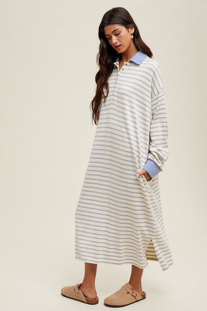 Women's sky blue and cream striped knit shirt style midi dress with collar by Entro showing side view