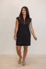 sleek black knit zipper chest dress