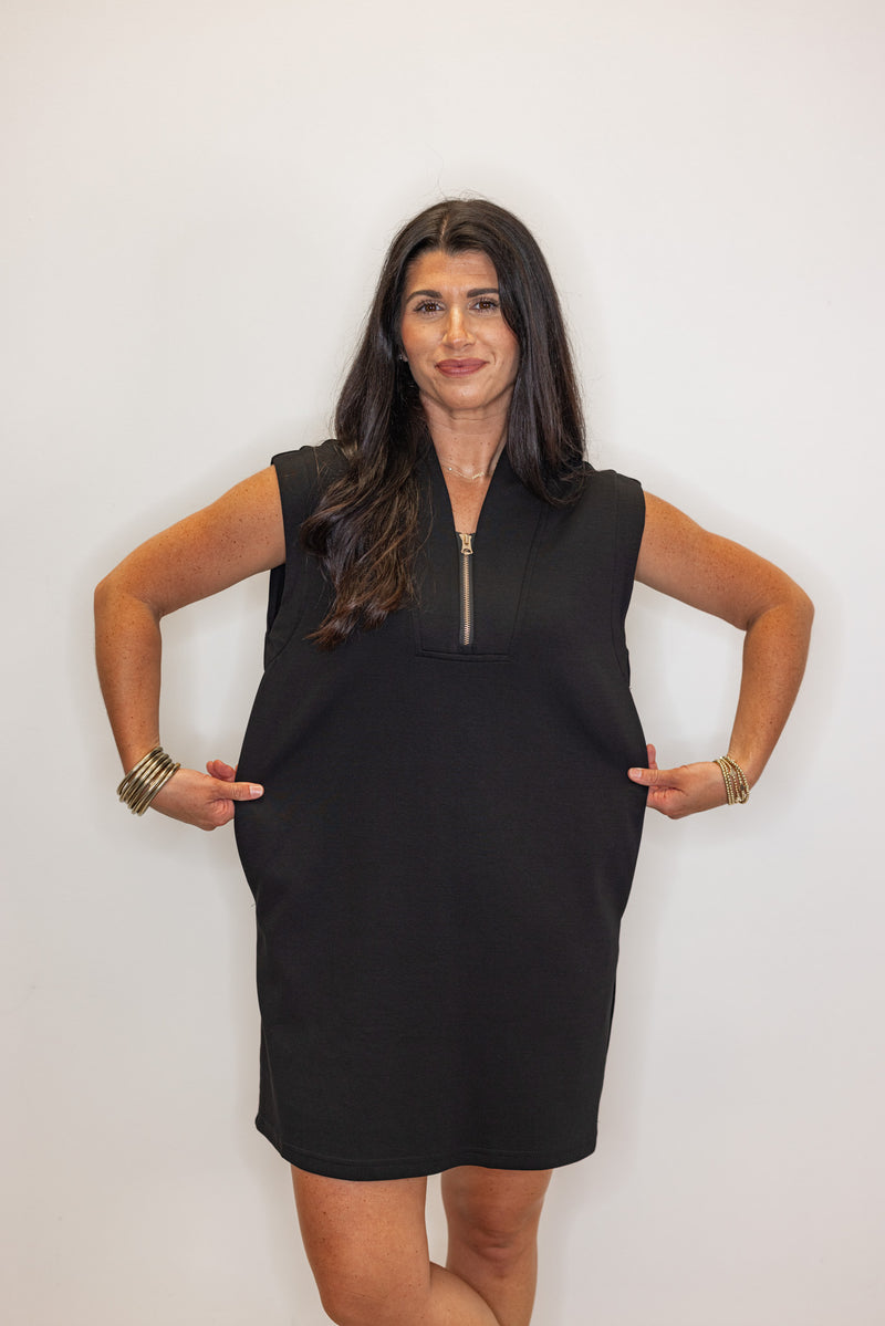 sleek black knit zipper chest dress
