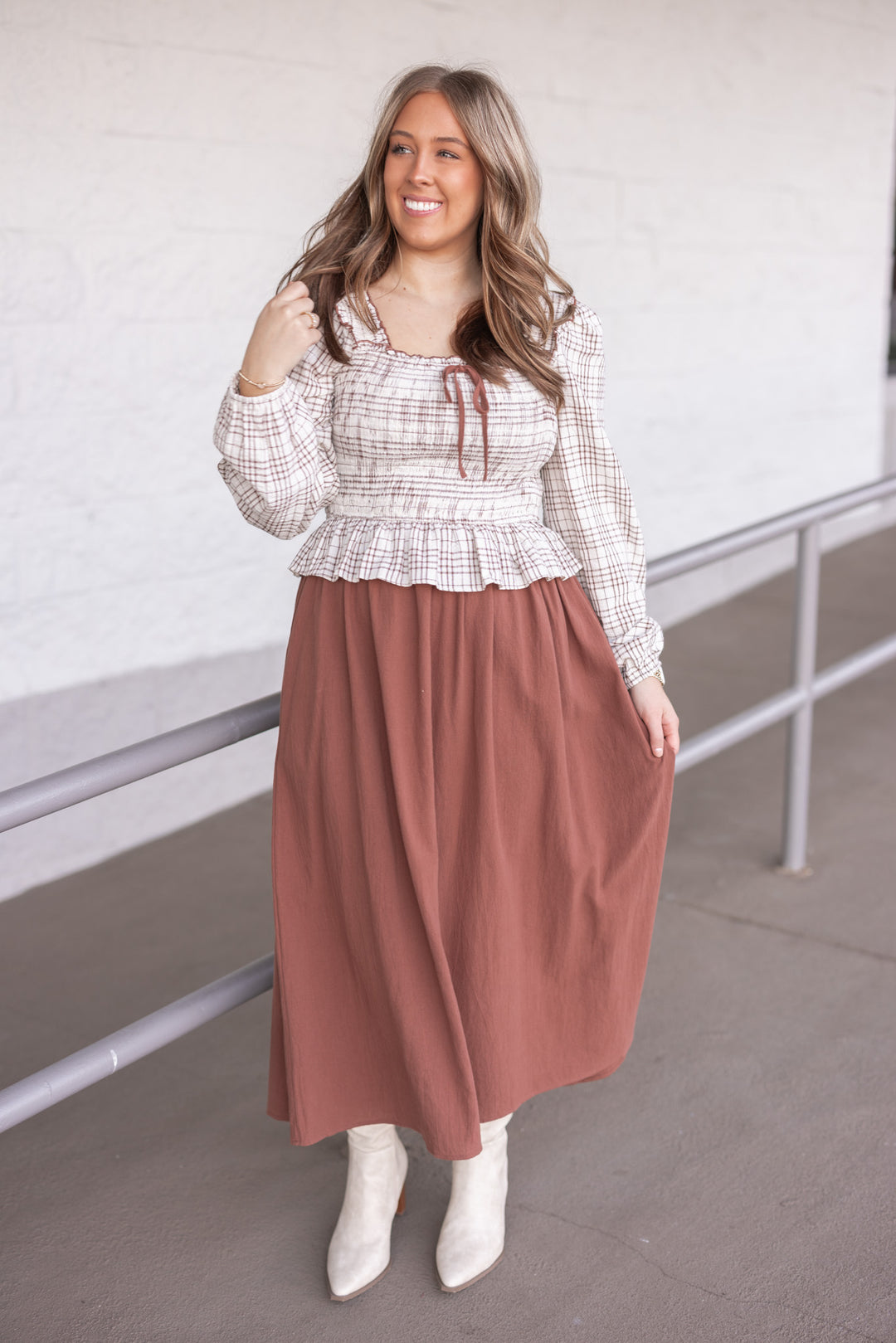 brown plaid midi dress Daphne plaid midi dress