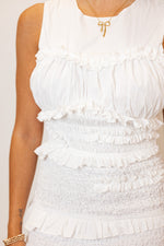 white smocked ruched fitted midi dress
