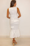 white smocked ruched fitted midi dress