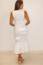 white smocked ruched fitted midi dress