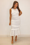 white smocked ruched fitted midi dress