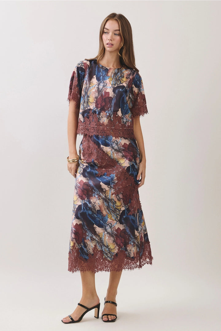 snakeskin brown lace midi skirt