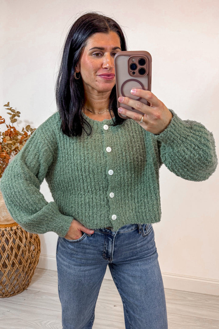 green fuzzy soft knit sweater cardigan