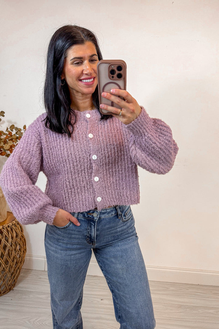 pink purple fuzzy soft knit sweater cardigan