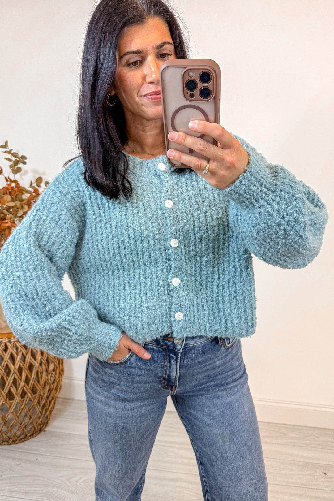 blue fuzzy soft sweater cardigan