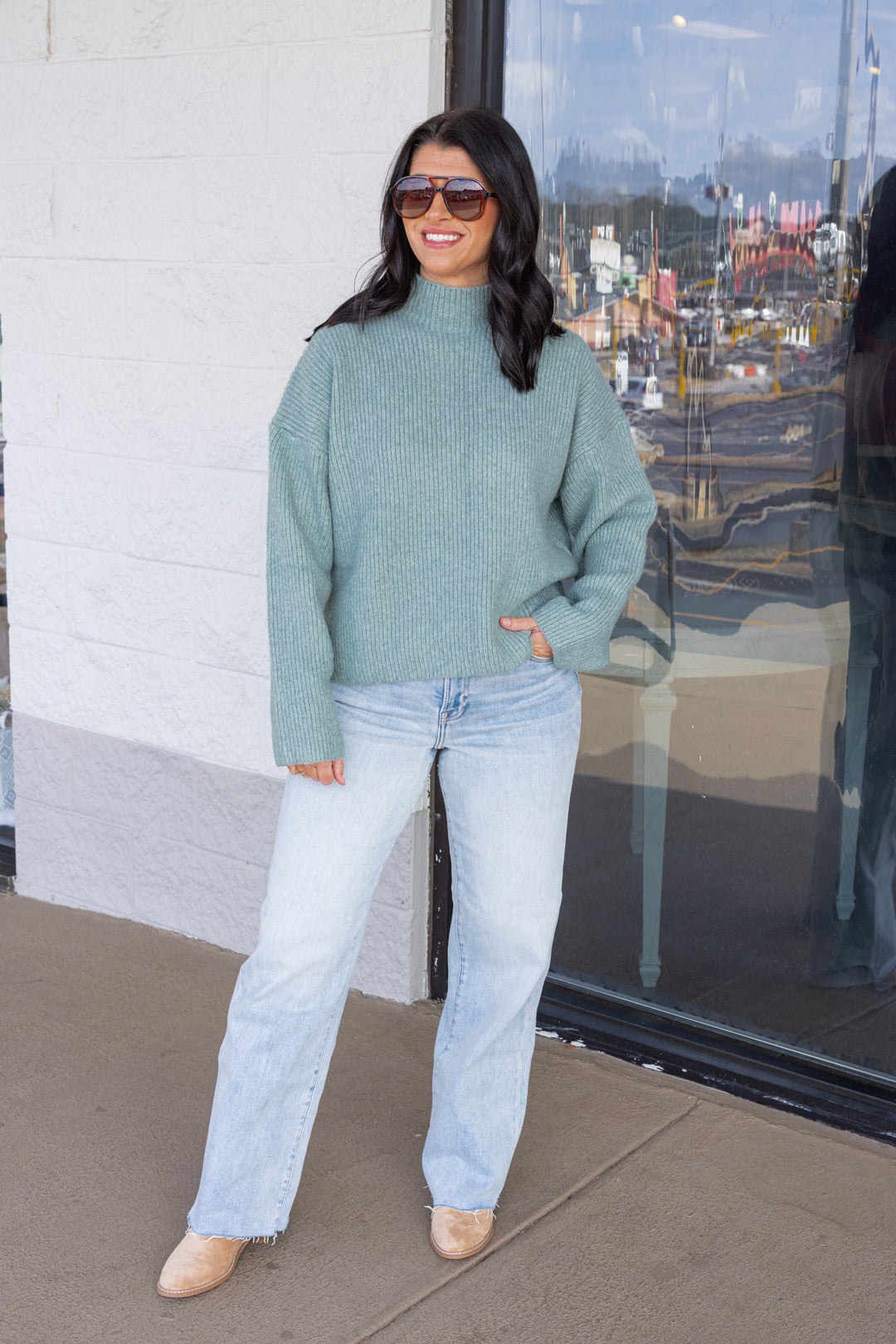 Women's pistachio green ribbed knit sweater by Wishlist, perfect for cooler weather