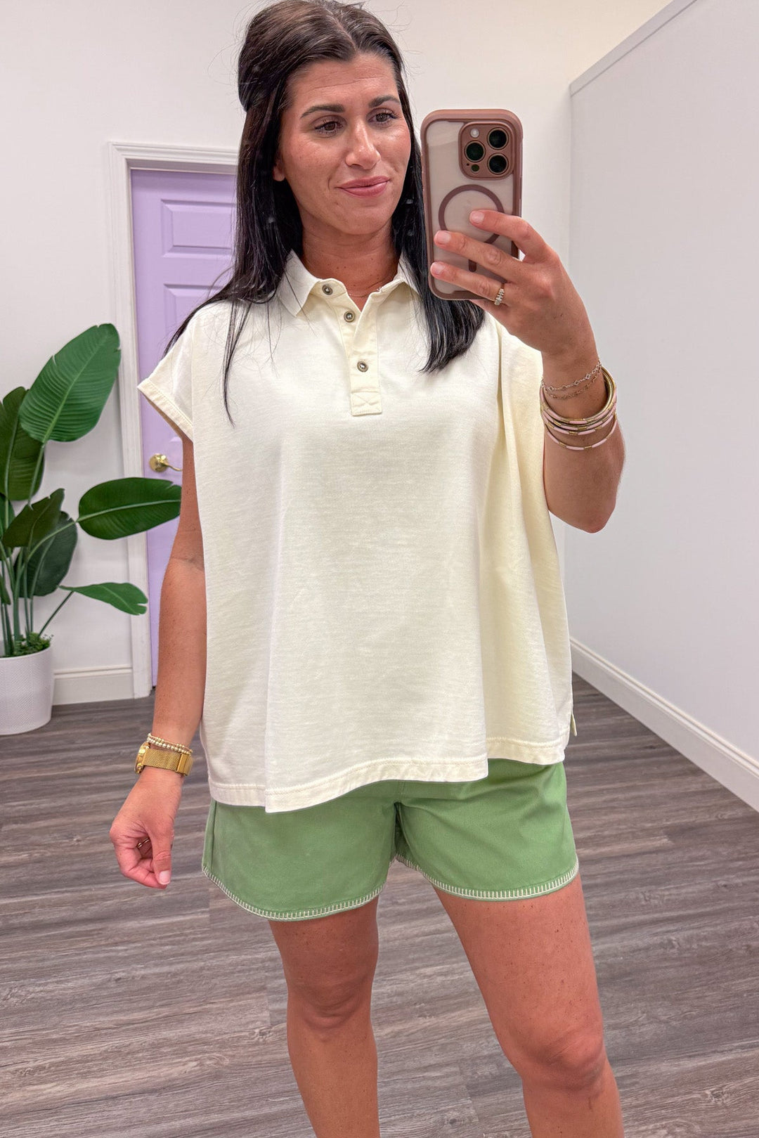solid cream mineral washed cap sleeve polo top