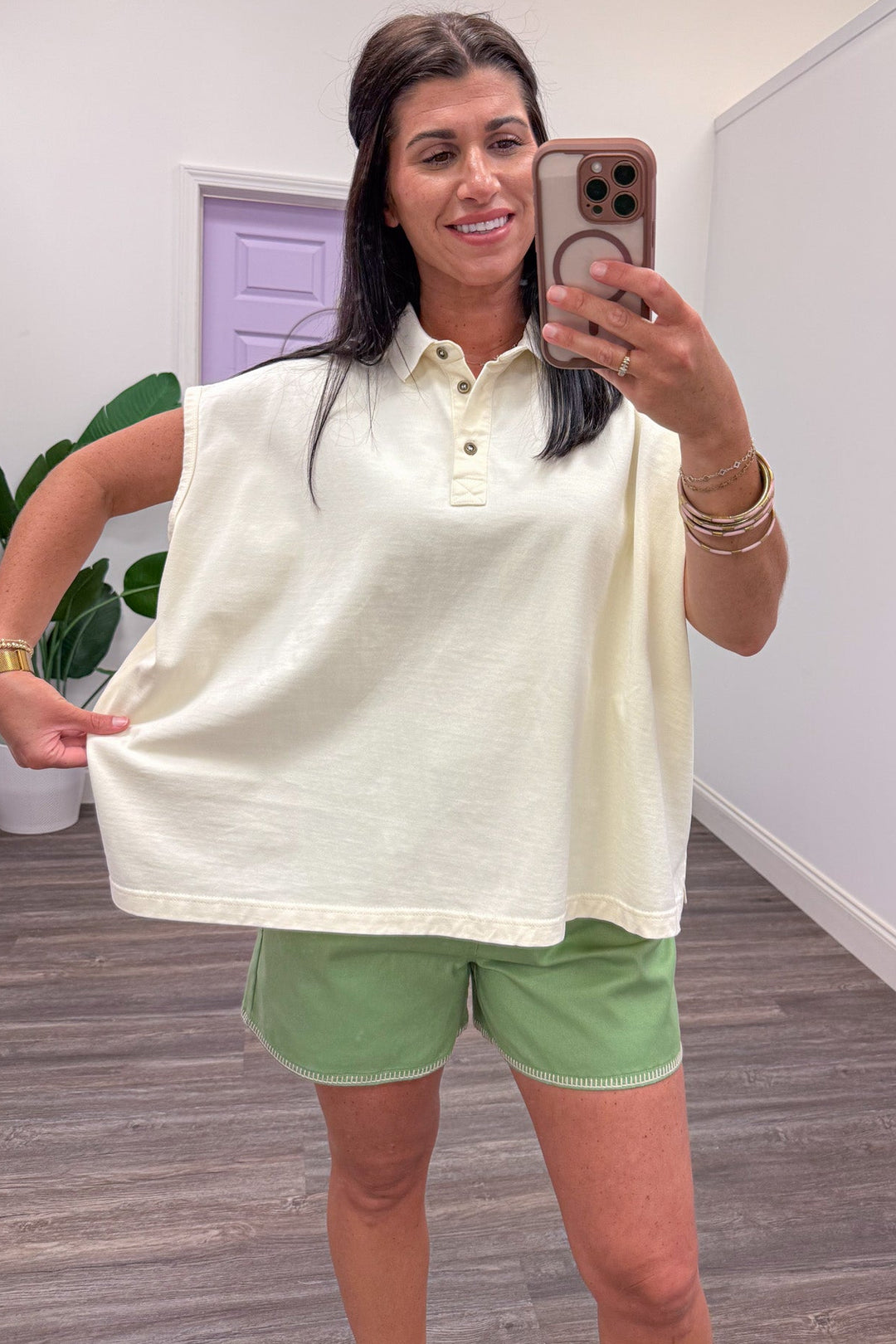 solid cream mineral washed cap sleeve polo top relaxed boxy fit