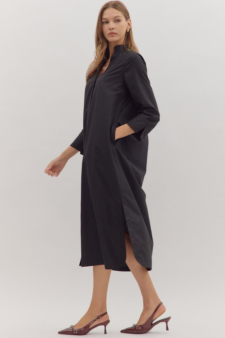 entro solid long sleeve black midi dress side