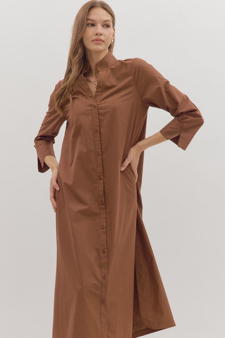 entro solid long sleeve brown midi dress front upclose