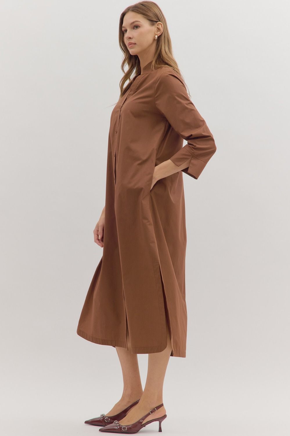 entro solid long sleeve brown midi dress side