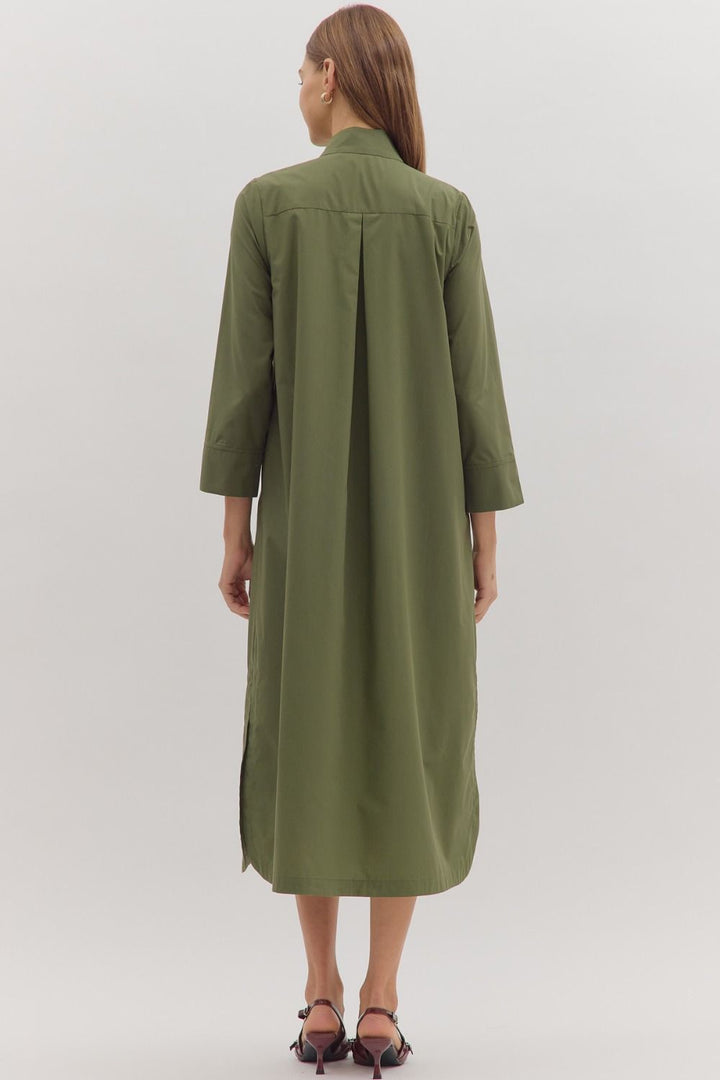 entro solid olive button down midi dress back