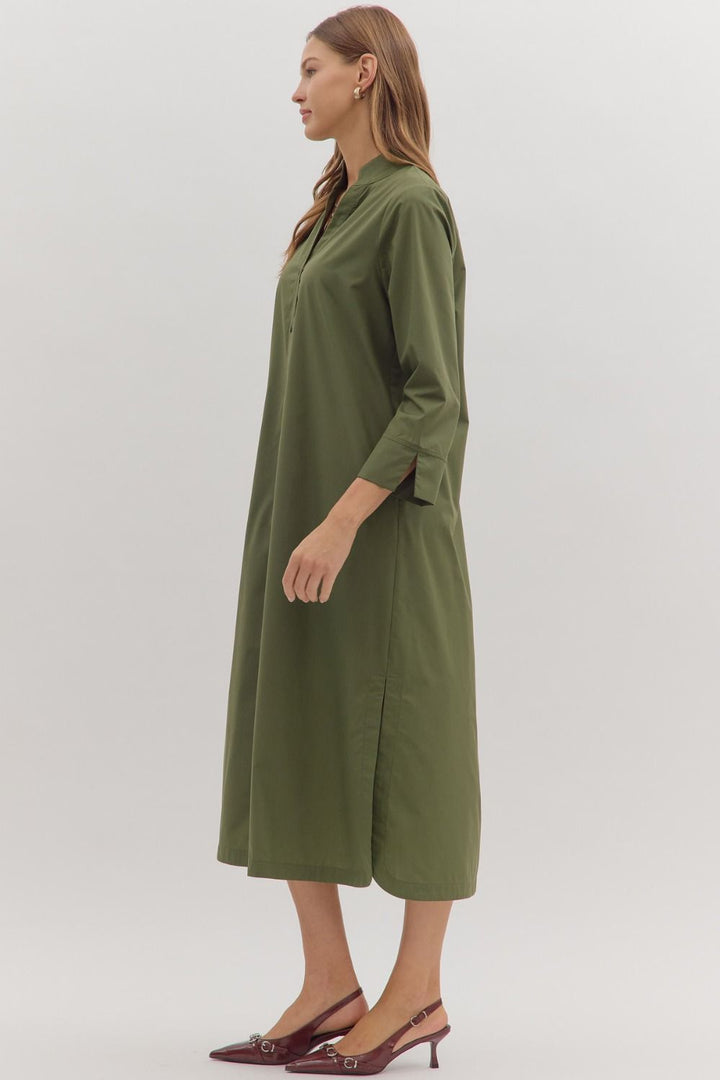 entro solid olive button down midi dress side