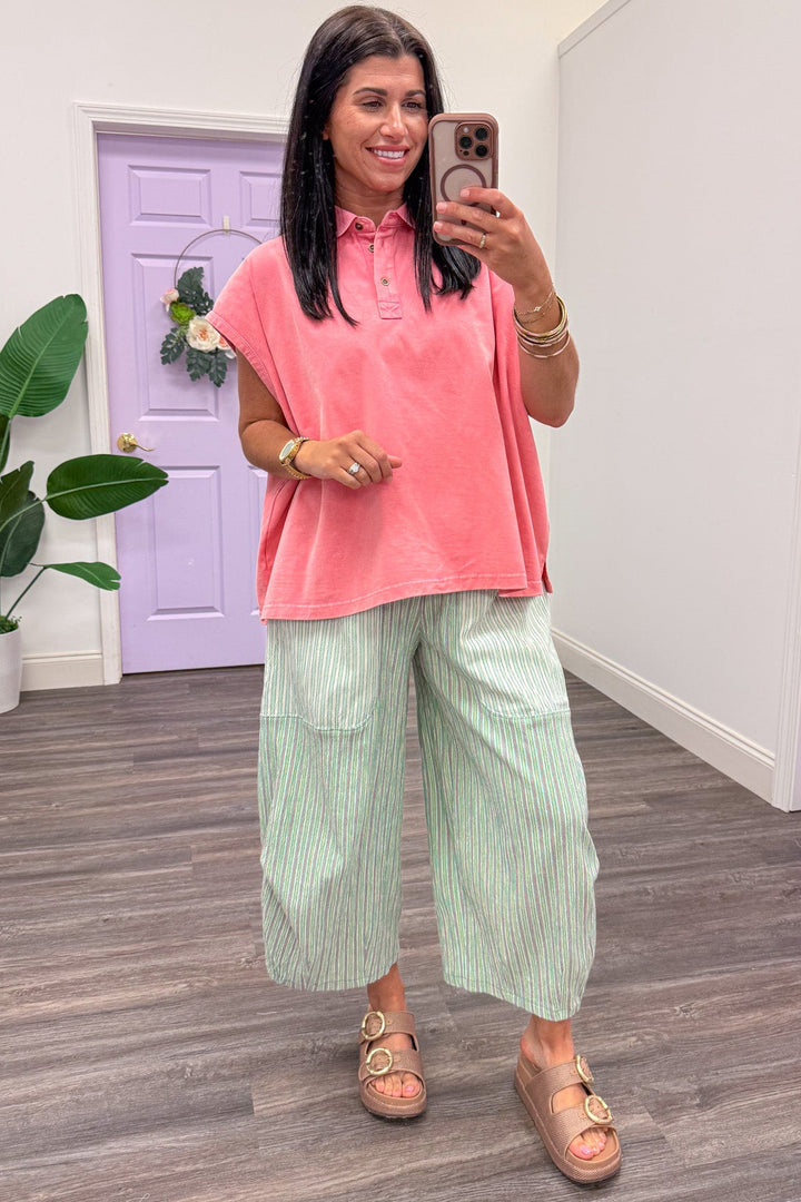 solid pink mineral washed cap sleeve polo top with button collar neckline