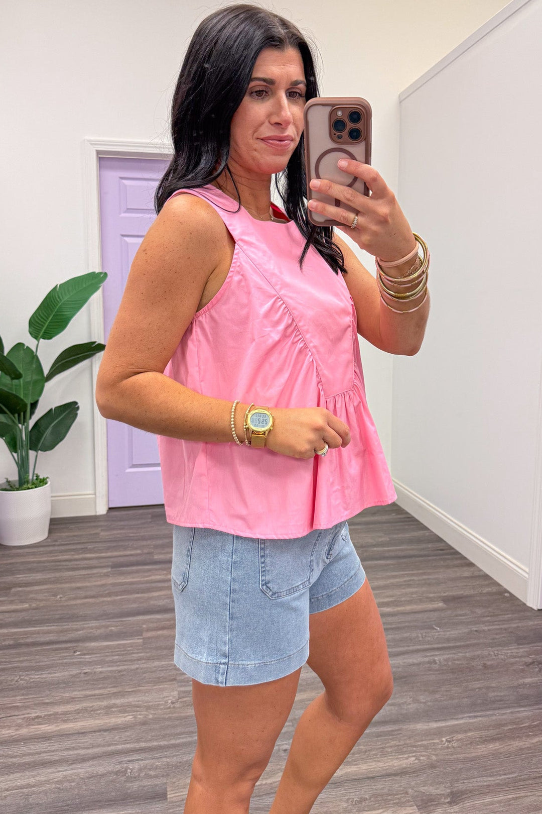 solid pink gathered v bodice ruffle detail sleeveless cotton top