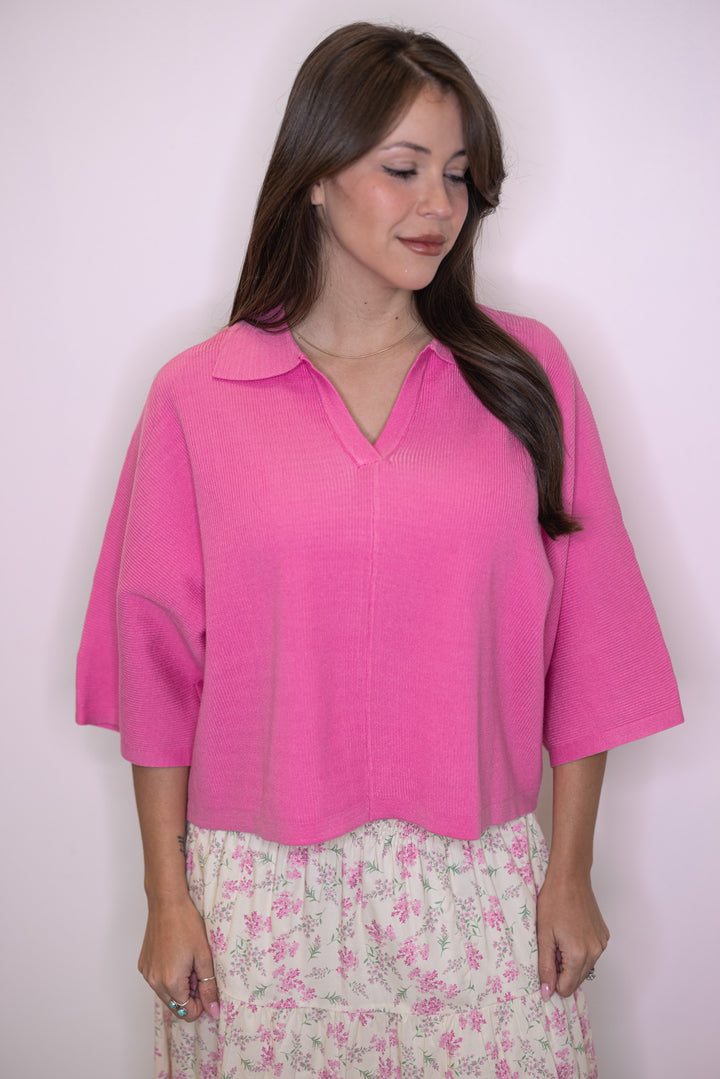 Women's pink ribbed knit top with a collar by Entro