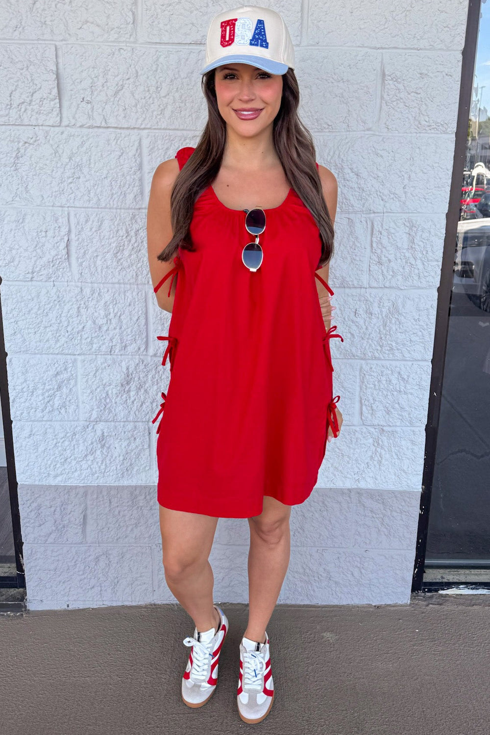 solid red decorative bow tie detail casual linen mini dress