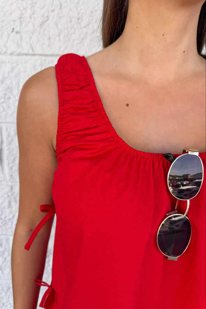 solid red decorative bow tie detail elastic trim crew neckline mini dress