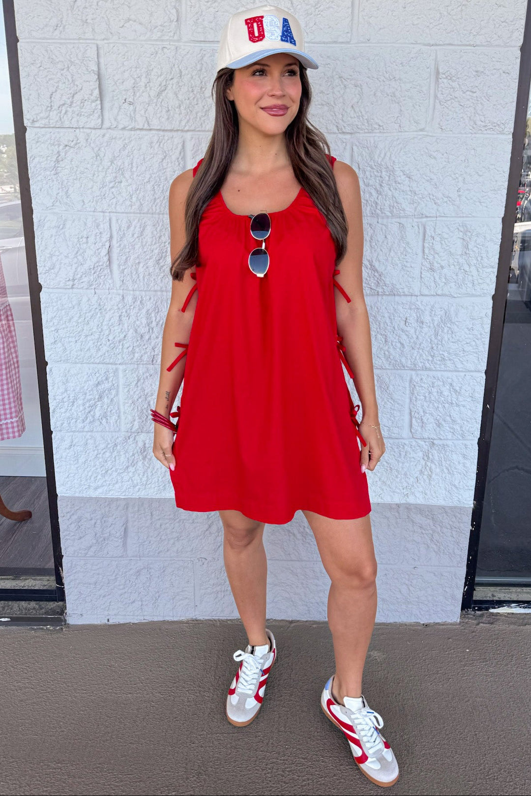 solid red decorative bow tie detail linen mini dress