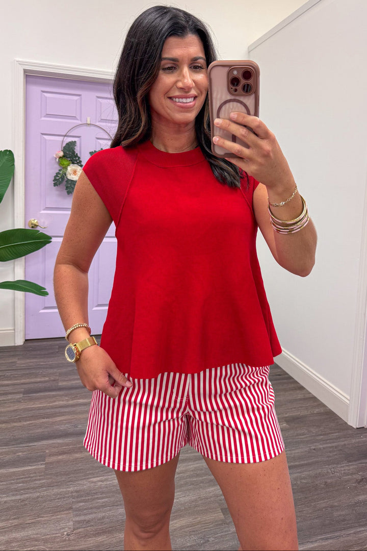 solid red cap sleeve relaxed silhouette knit top