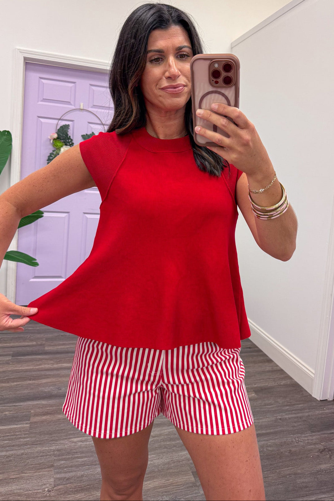 solid red cap sleeve relaxed fit knit top