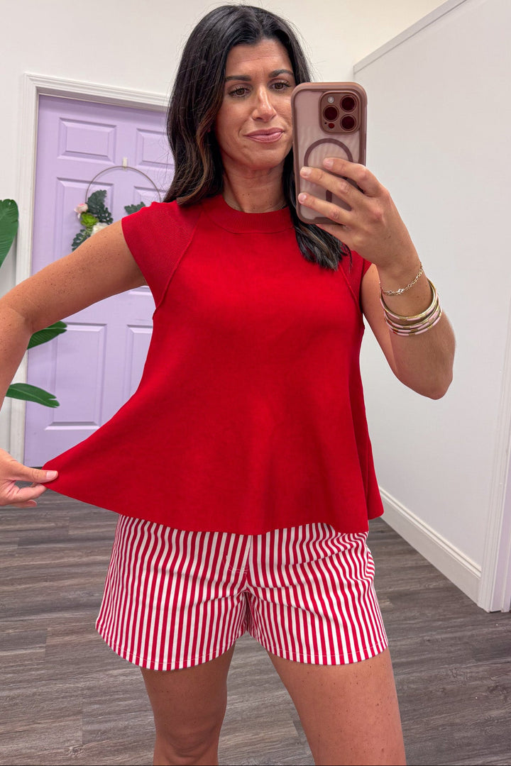 solid red cap sleeve relaxed fit knit top