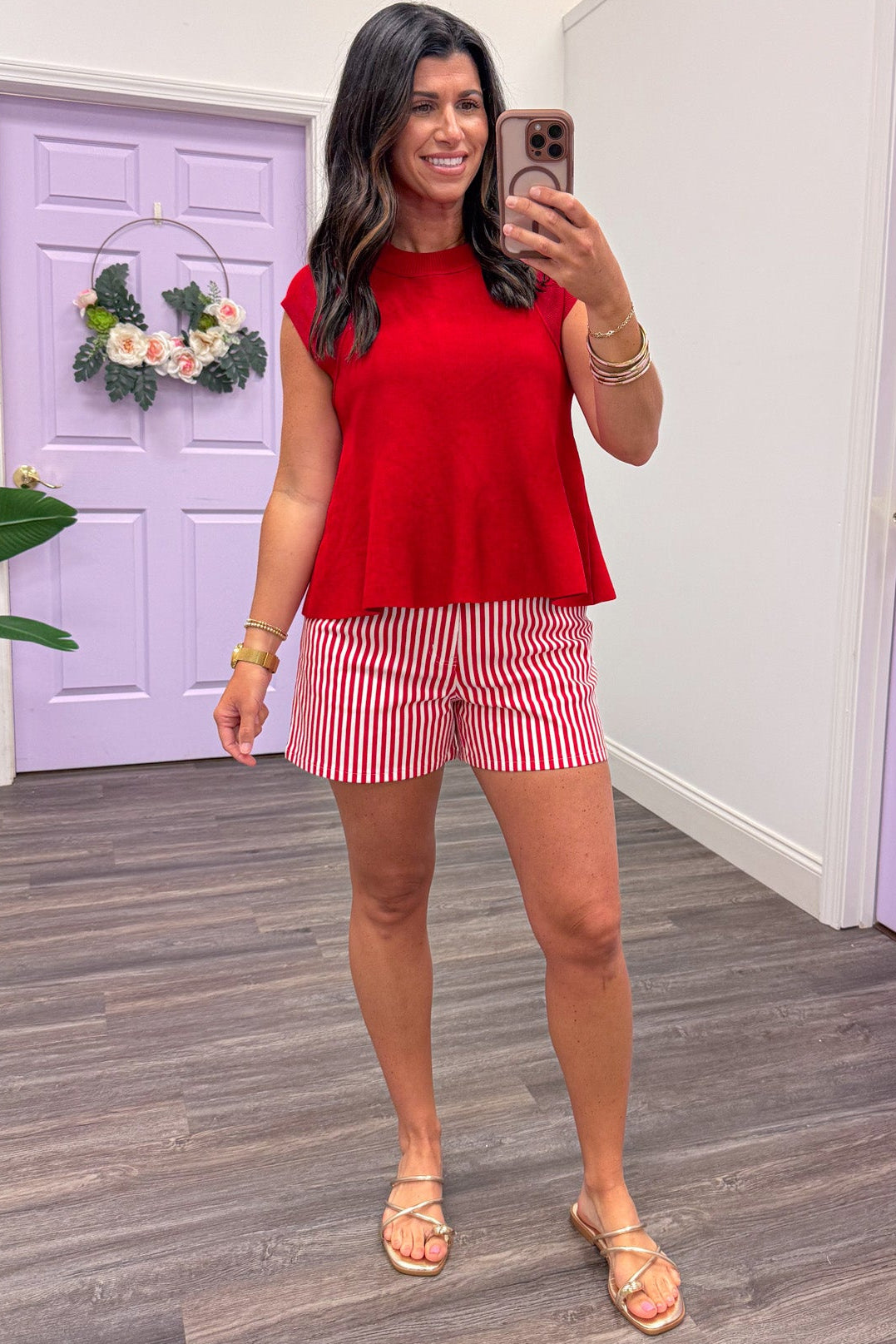 red cap sleeve relaxed silhouette ribbed crew neckline knit top