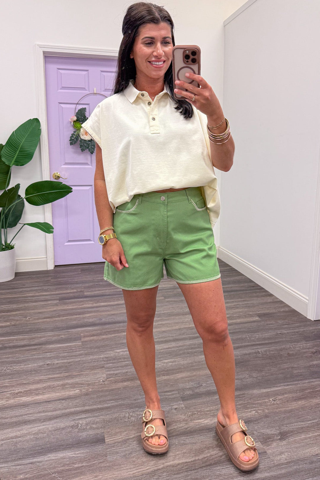 sage green with cream stitching trim details twill shorts