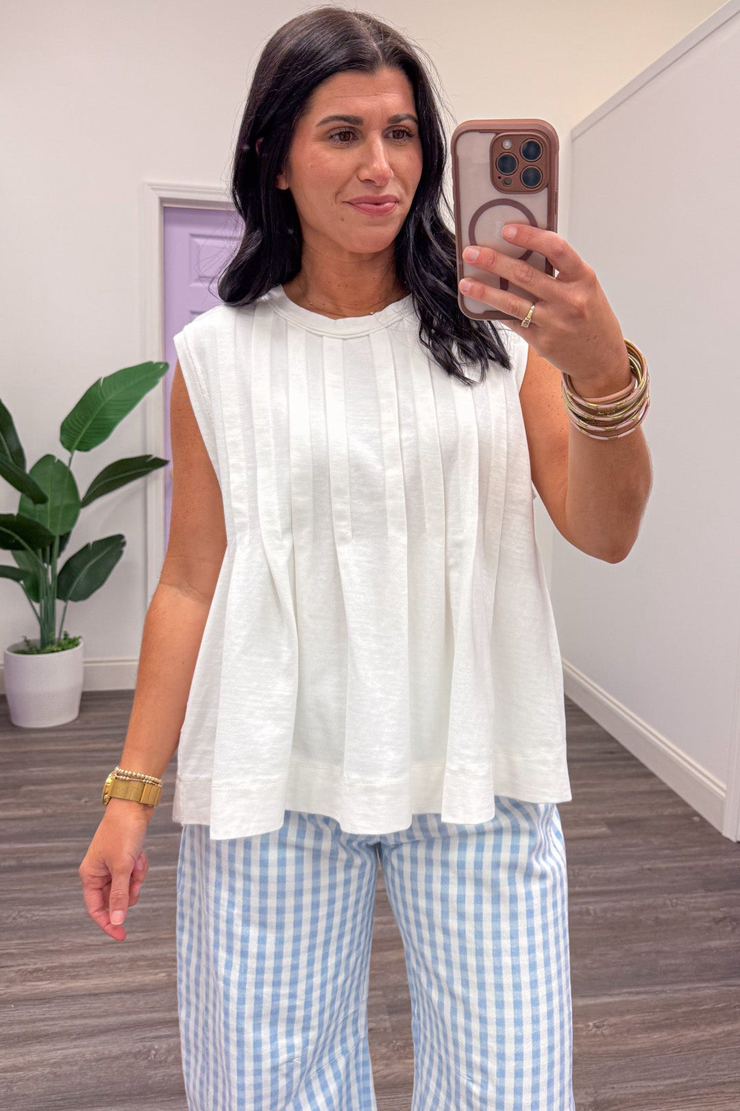 solid white bodice pintuck detail sleeveless cotton top