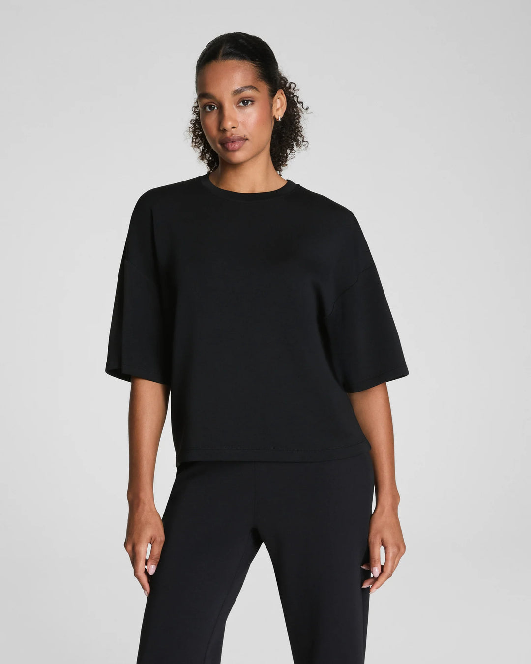spanx airessentials black boxy relaxed crewneck tee details