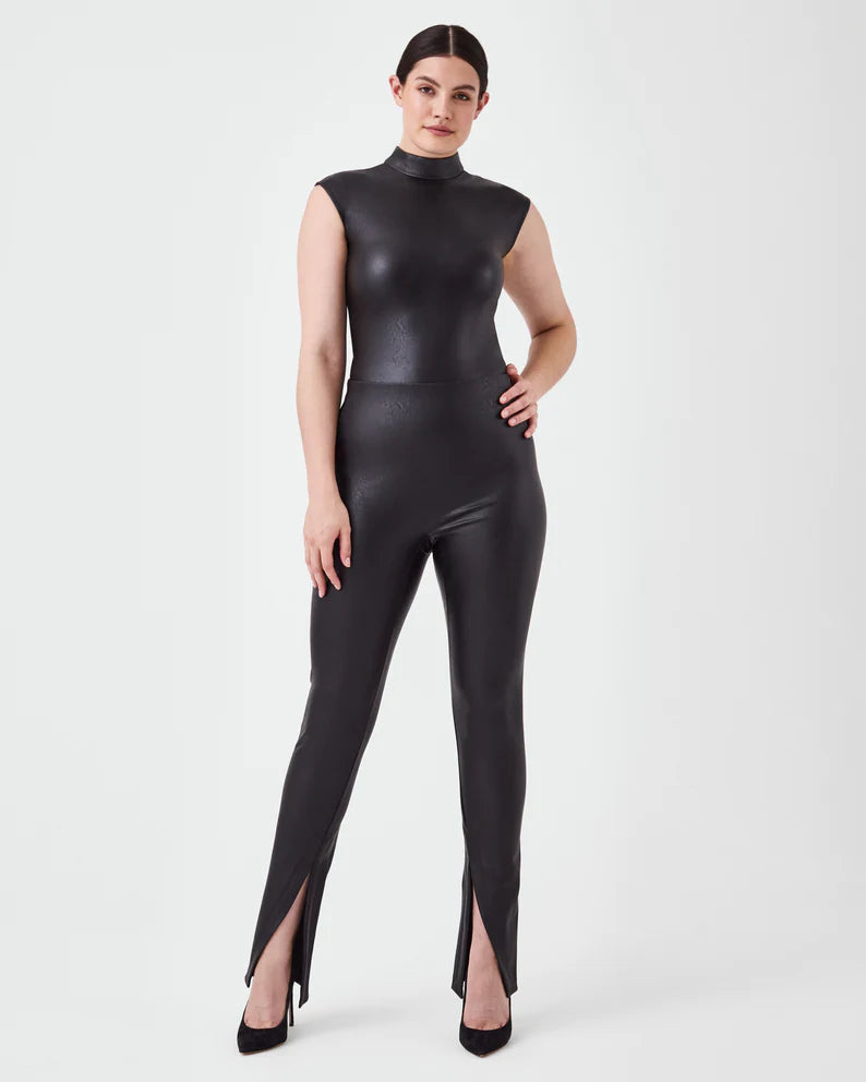 Leather Like Mock Neck Bodysuit In Luxe Black | Purple Door Leather Like Mock Neck Bodysuit In Luxe Black | Purple Door