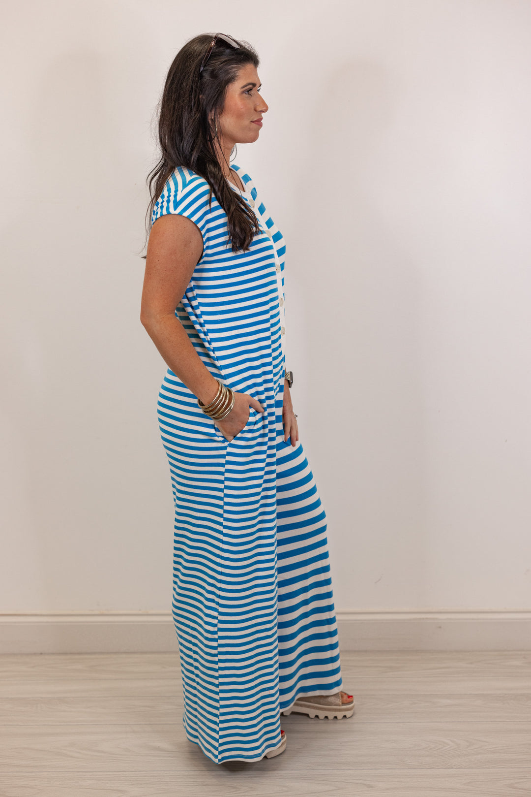 blue white knit stripe wide leg jumpsuit