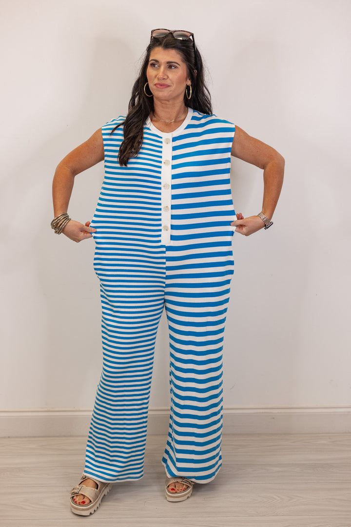 blue white knit stripe wide leg jumpsuit